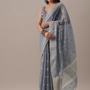 Grey Embellished Saree In Kota Silk Chanderi